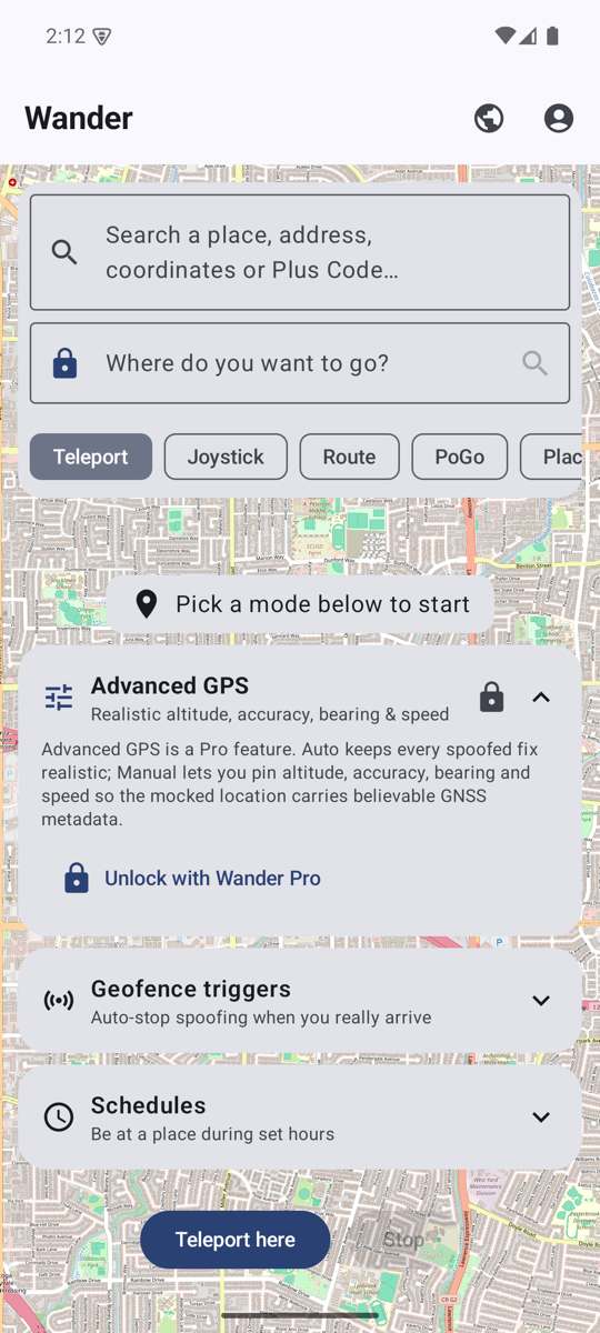 Wander on Android — Advanced GPS with realistic altitude, accuracy, bearing & speed, plus geofence triggers and schedules