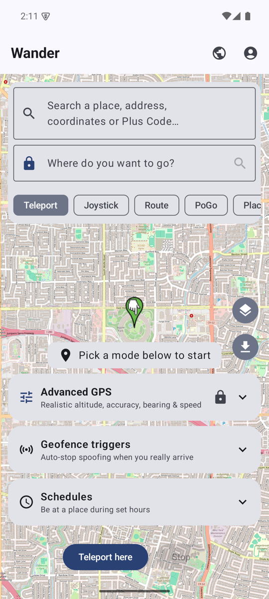 Wander on Android — live map with Teleport, Joystick, Route and PoGo modes