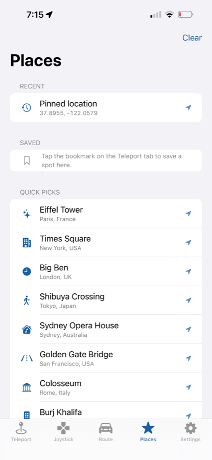 Wander Places on iPhone — recents, favorites, and quick-pick landmarks
