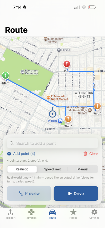 Wander Route mode on iPhone — multi-stop route with realistic driving