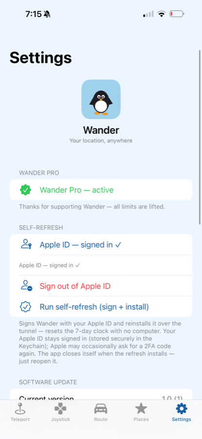 Wander Settings on iPhone — Pro status and one-tap self-refresh