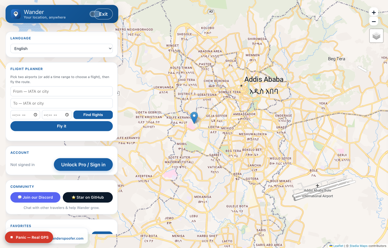 Wander desktop app on Mac and Windows — flight planner, favorites, panic button and a live map
